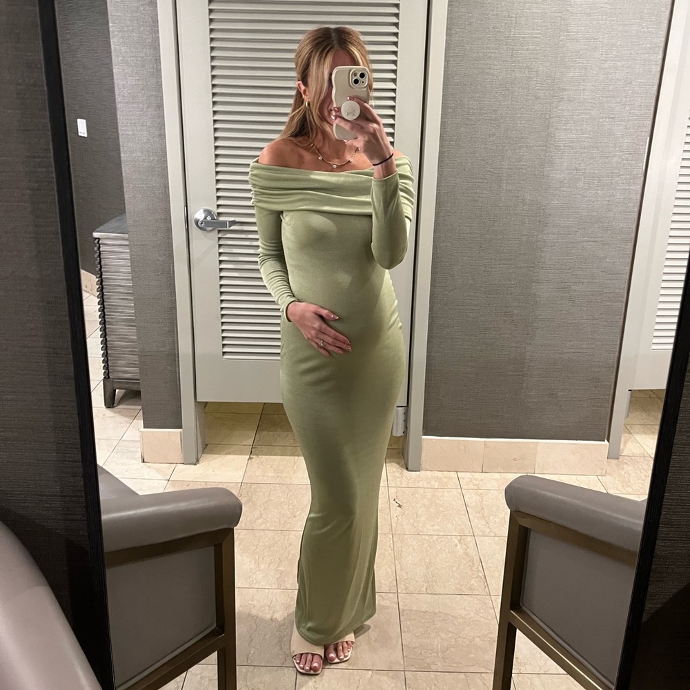 Sage Green Acetate Slinky Bardot Long Sleeve Maxi Dress